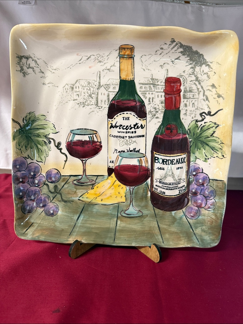 Hand-Painted Wine & Grapes Decorative Serving Platter - Burgundy